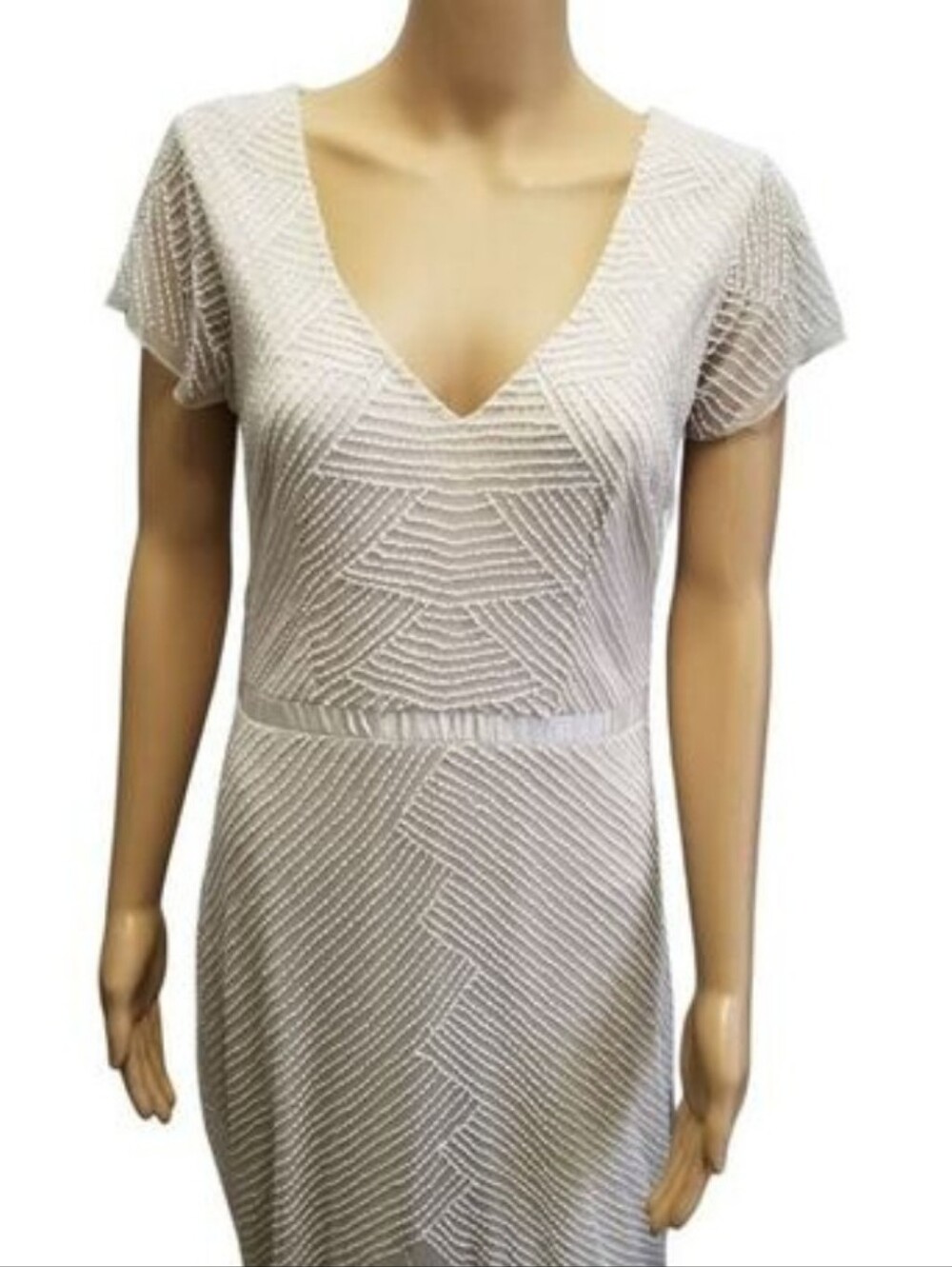 NWT Beaded Off White Formal Maxi Sweeper Short Sleeve Adrianna Papel Size 12